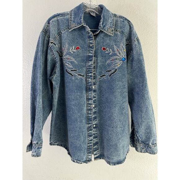 Vintage Pretty Bleu 80's 90's Denim Acid Wash Bedazzled Button Women's top Large - Picture 1 of 6